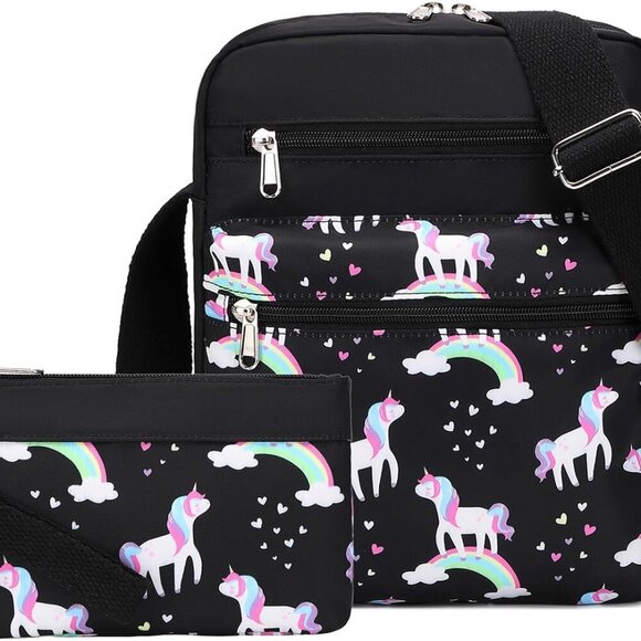 Unicorn-Black Small Crossbody Set for Teen Girls Kids Gift Durable Polyester - Picture 1 of 6